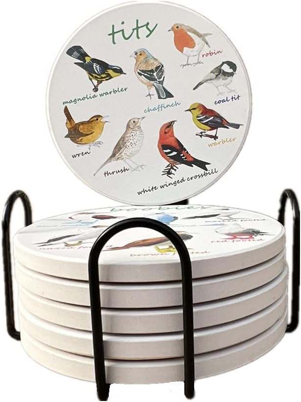 Bird Ceramic Coasters For Drinks with Holder And Cork Base, Set Of 6 All Kinds Of Birds Absorbent Coasters For Coffee Table