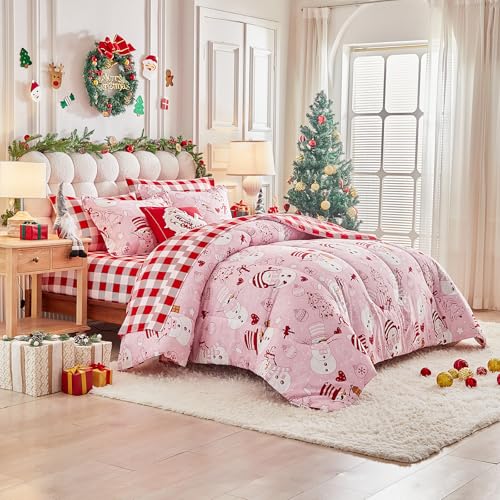 UOZZI Bedding Christmas Queen Comforter Set 7pc – Pink Snowman, Red Plaid, 12in Fitted Sheet