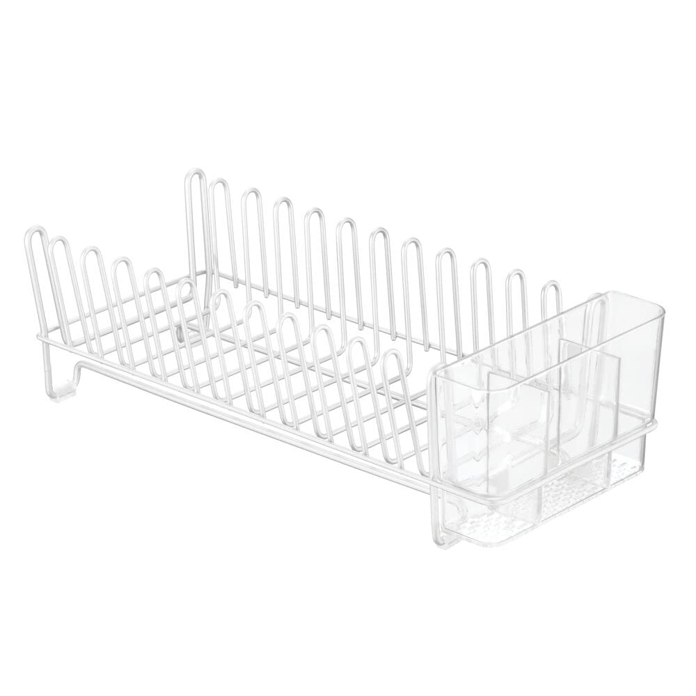 mDesign Kitchen Sink Dish Drainer – Small Metal and Plastic Dish Rack for Kitchen Sink – Dish Drying Rack with Drip Tray for Plates and Cutlery Basket – White/Clear