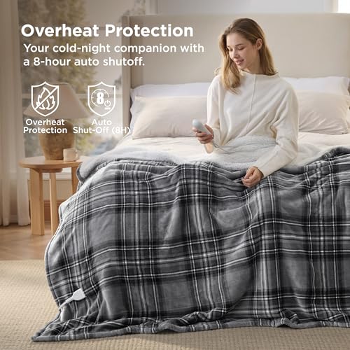 Grey Plaid Electric Heated Blanket, Twin Size Flannel Sherpa Throw