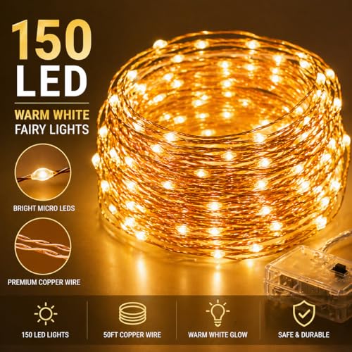 150 LED Fairy String Lights 50Ft Warm White Copper Wire Indoor Outdoor Decor