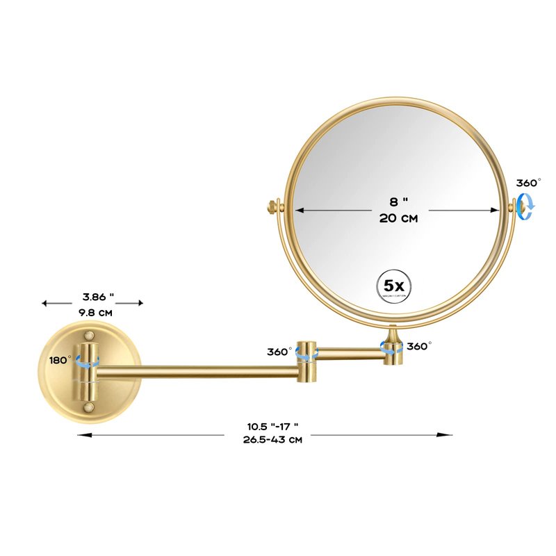 RECKODOR 8 Inch Bathroom Makeup Mirror Wall Mounted Gold, 360 Swivel Vanity Mirror with Magnification, Extendable Arm, 1X/5X Two-Sided, Brass Material, Brushed Light Gold