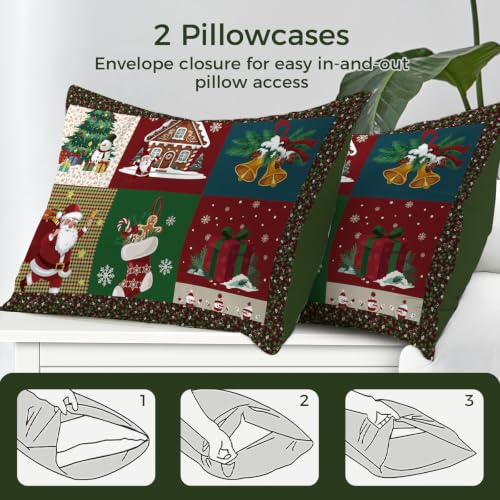 Luxudecor Christmas Patchwork Pillowcases Set of 2 20x28 Inches Red & Green