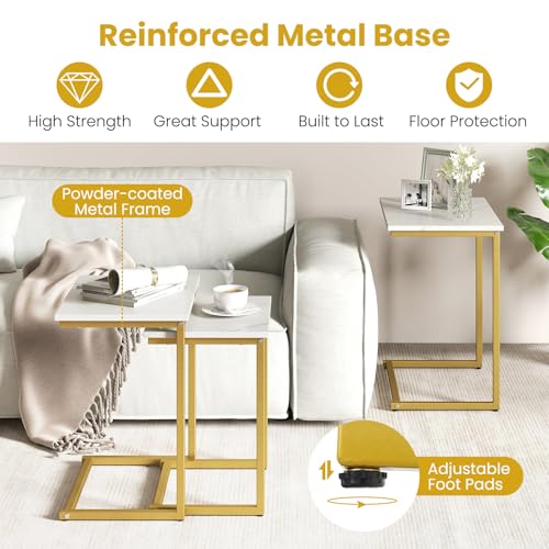 GOFLAME Gold & White Faux Marble Nesting Coffee Tables Set of 3 - Modern C-Shaped Side Tables for Living Room & Bedroom