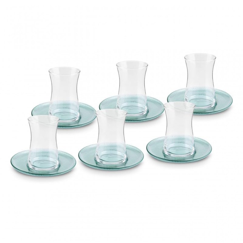 KARACA Juliet Turkish Tea Cups Set of 12, 170ml/5.74oz Turkish Tea Glasses with Green Detail Saucers for 6 People, Ideal Glass Set for Mother's Day and Housewarming