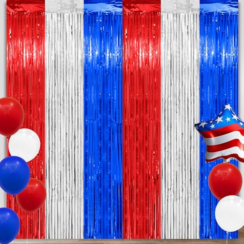 Patriotic Red White and Blue Tinsel Foil Fringe Curtain Backdrop - 2 Pack
