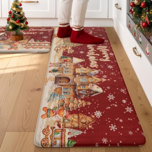 Leevan Christmas Kitchen Mat Set of 2 - Gingerbread Village 17"x29" + 17"x47" Thick 0.47in Anti-Fatigue
