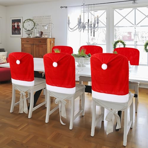 FOIMAS Red Christmas Santa Hat Chair Covers Pack of 4 - Holiday Dining Decor