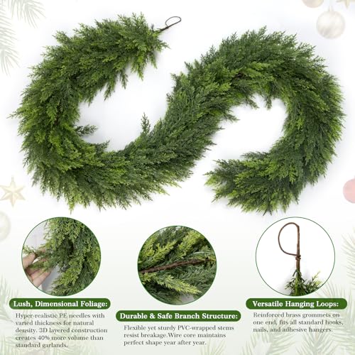 6 ft Cedar Garland - Real Touch Artificial Christmas Greens for Indoor Outdoor Decor