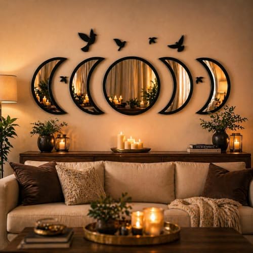 Moon Phase Mirror Wall Decor Set with Birds - Gothic Boho Wall Art
