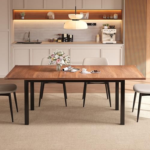 Extendable Rectangular Dining Table, 47-63 Inch Modern Walnut Wood Table