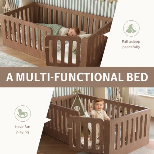 Twin Size Montessori Floor Bed Frame with High Fence and Door, Natural Wood