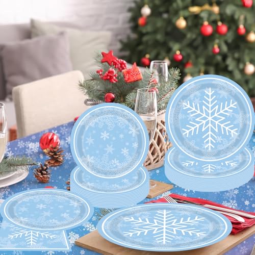 Snowflake Disposable Paper Plates and Napkins Party Set for Winter Wonderland & Christmas