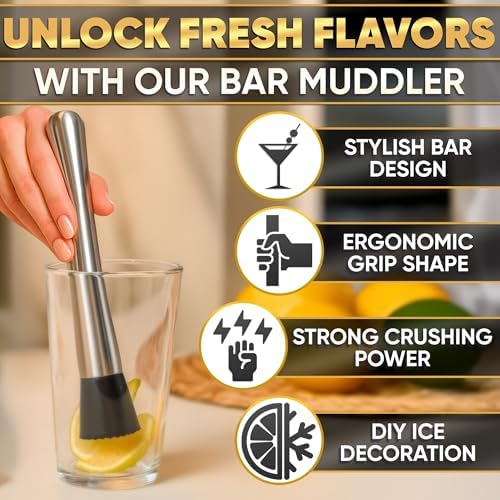8-Inch Stainless Steel Cocktail Muddler with Grooved Nylon Head - Bar Tool