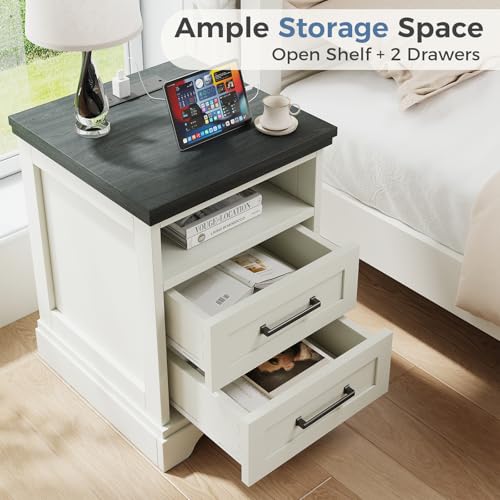 Farmhouse Nightstand with Charging Station, 2 Drawers and Open Shelf