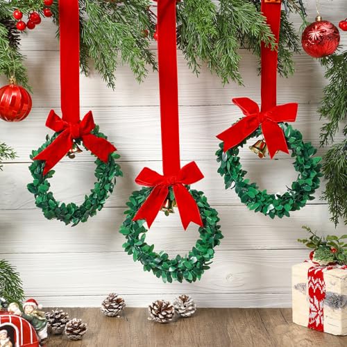12-Piece 6-Inch Mini Christmas Wreaths with Velvet Bows and Gold Bells