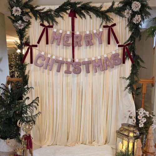 Merry Christmas Banner with Gingham Pattern - Pre-Strung Burgundy Garland, 3D Cotton Decor