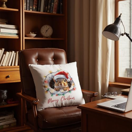 DEQSX Funny Christmas Squirrel Pillow Cover 18x18in, Santa Hat & Lights, 06color
