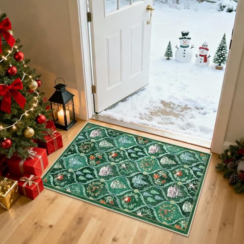 Lahome 2x3 Green Multi Christmas Entryway Rug Non-Slip Faux Wool Vintage Style
