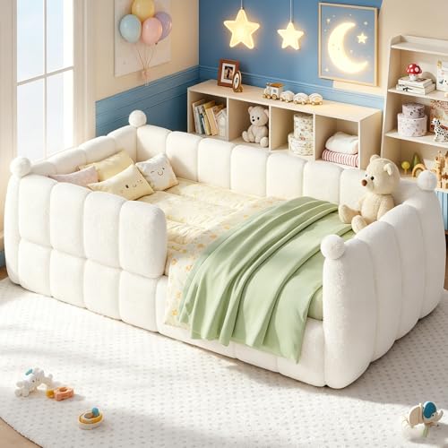 Twin Size Montessori Floor Bed with Teddy Fleece Padded Safety Rails