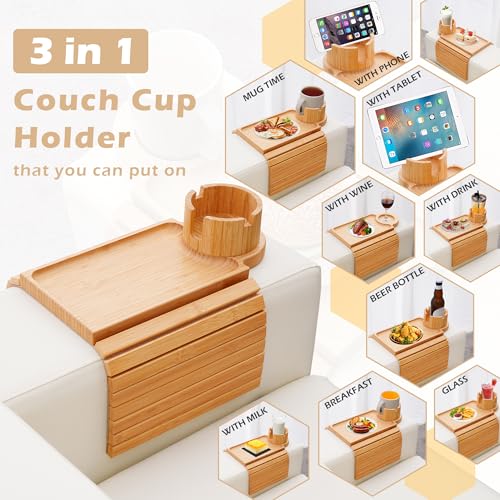 Bamboo Couch Arm Tray with 360° Rotating Cup Holder and Phone Stand