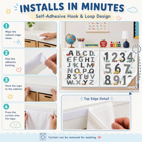 2 Pcs ABC Number Classroom Cabinet Curtains, Self-Adhesive Shelf Cover, 24x24"