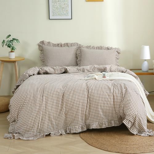 Taupe Plaid Gingham Ruffle Duvet Cover Set - 100% Washed Cotton Queen Size
