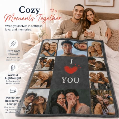 DayOfShe Custom Photo Blanket - I Love You Girlfriend Boyfriend Personalized Flannel Gift, Ultra Soft Fleece Bed Cover, Anniversary & Birthday Gift