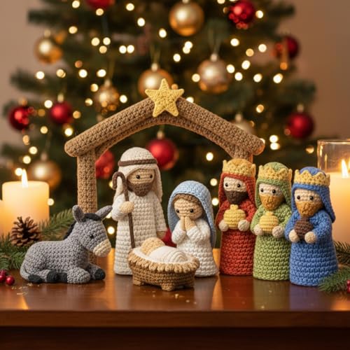 Qunclay 8-Piece Handmade Crochet Nativity Set for Christmas Decorations
