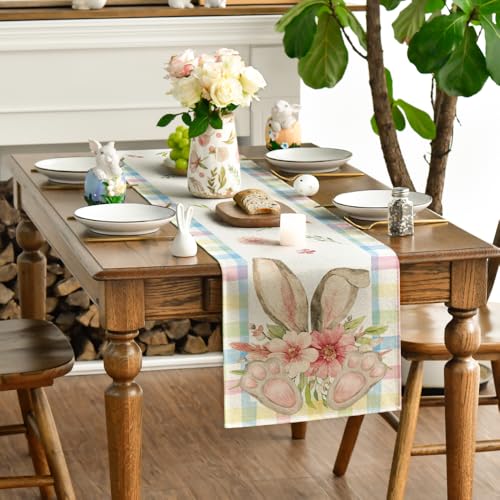 Artoid Mode 13x108 Inch Pink Blue Buffalo Plaid Bunny Ear Foot Flower Easter Table Runner