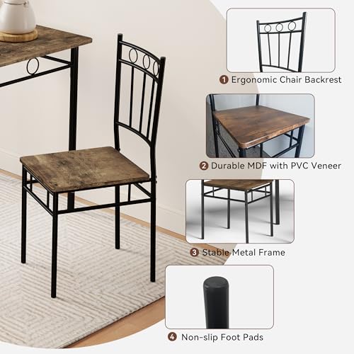 5-Piece Kitchen Dining Table Set for 4, Rustic Brown Space-Saving Dinette
