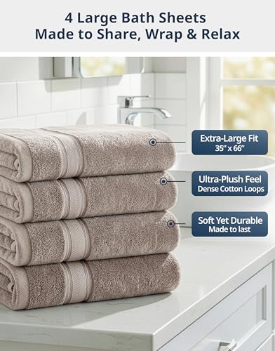Oversized Cotton Bath Sheets - 35" x 66" Soft Absorbent Towels - 4 Pack