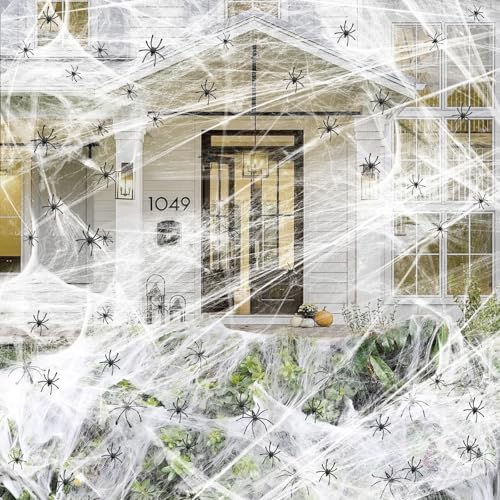 Halloween Spider Webs with 50 Fake Spiders - 1200 sqft Stretchable Decor