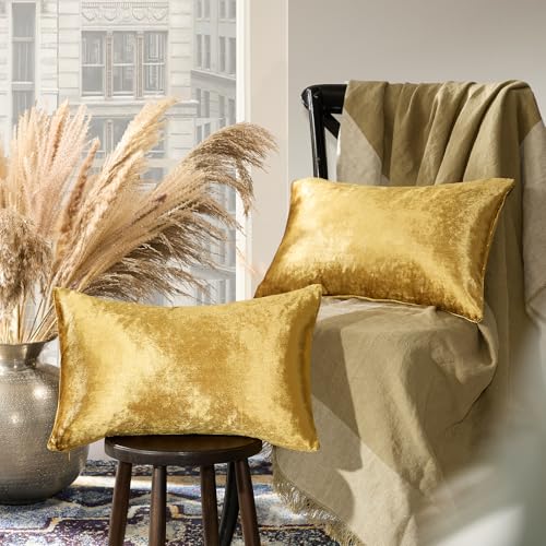 GIGIZAZA Gold Velvet Pillow Covers 12x20 in Pair - 2 Pack, 20 x 12 In Lumbar Cushion Covers