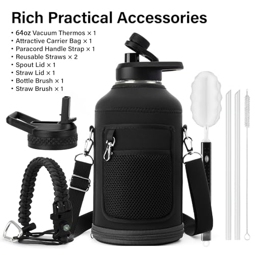 64 oz Insulated Stainless Steel Water Bottle - Half Gallon Sports Jug with Straw