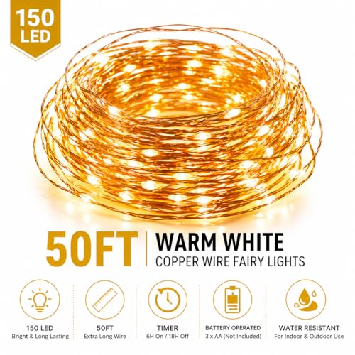 150 LED Fairy String Lights 50Ft Warm White Copper Wire Indoor Outdoor Decor