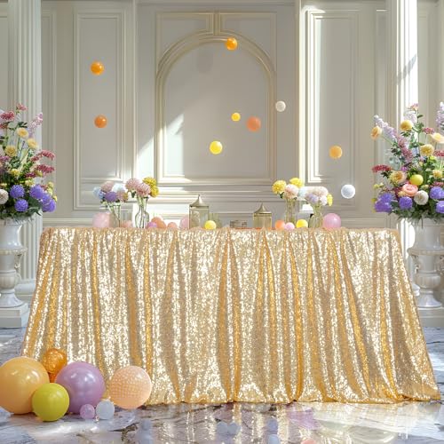 Poise3EHome Light Gold Sequin Tablecloth 90x132 Inch – Rectangular Sparkly Fabric for Wedding Birthday Party