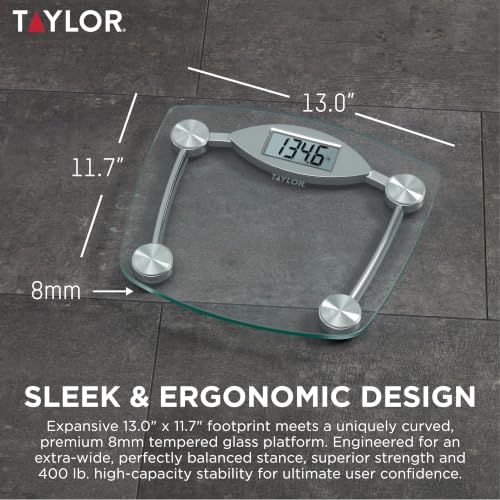 Taylor Stainless Steel & Clear Glass Digital Bathroom Scale 12.4x12.4 inches, Supports 400 lb