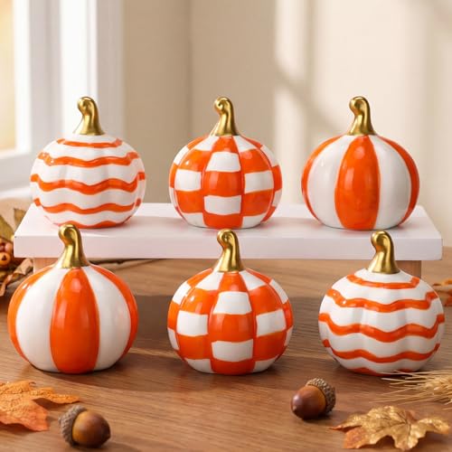 3-Piece Ceramic Pumpkin Set, Orange and White Checkered Fall Table Decor