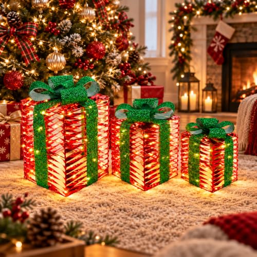 Christmas Lighted Gift Boxes Set of 3 with Warm White LED Lights - Holiday Decor
