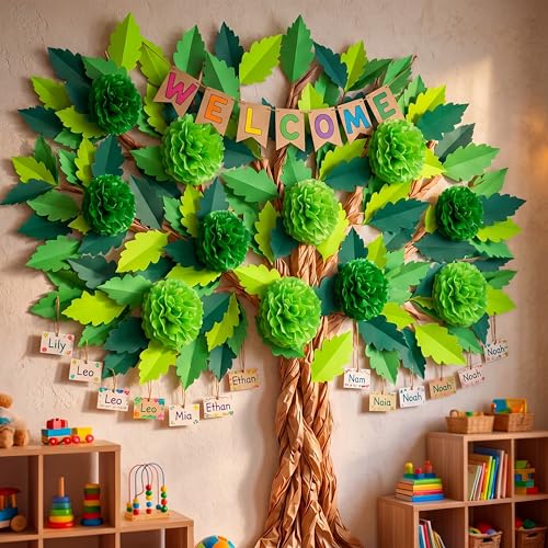 114-Piece 3D Classroom Tree Bulletin Board Set with Paper Leaves and Pom Poms
