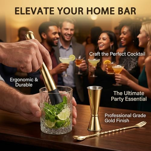 Gold Muddler & Cocktail Bar Set - 10 Inch Mixing Spoon & Double Jigger - Premium 3-Piece Bar Tools for Drinks, Variation: Gold