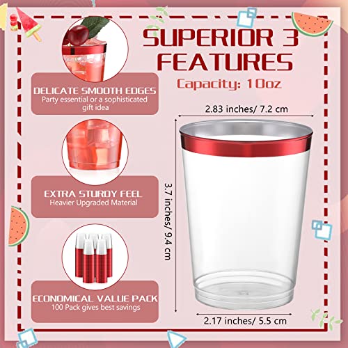 Gerrii 100 Pcs 10oz Red Rim Plastic Cups – Disposable Clear Cups with Red Rim, Party Beverages