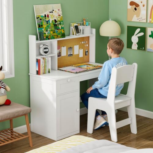 Kids Study Desk and Chair Set with Storage Hutch for Ages 5-12