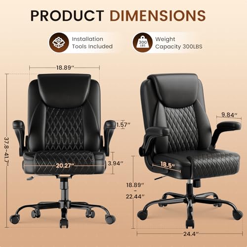 Ergonomic PU Leather Office Chair with Flip-Up Arms, 300lbs Capacity