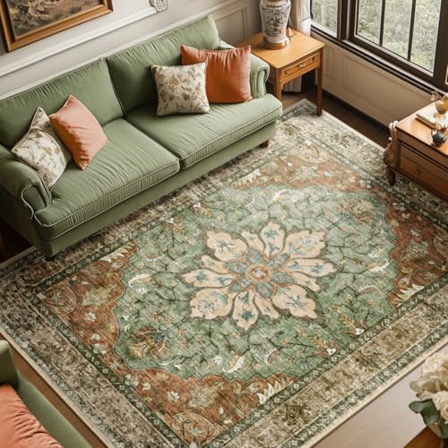RELEANY Washable Area Rug 8x10 Vintage Floral Boho Non-Slip Pet Friendly