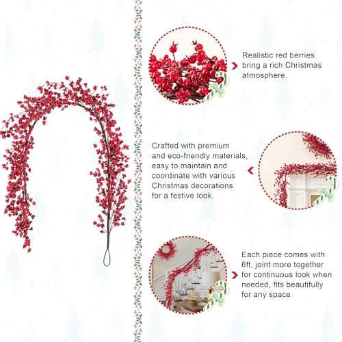 6ft Red Berry Garland - Glitzhome Artificial Garland for Christmas Decor