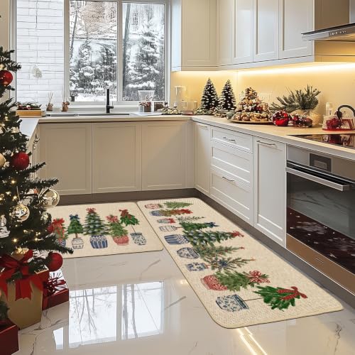 Christmas Kitchen Rugs Set of 2 Pine Trees and Blue Red Porcelain 17x29 & 17x47 Inches