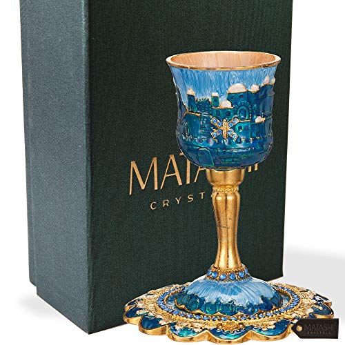 Hand-Painted Enamel Kiddush Cup Set with Tray and Crystal Embellishments