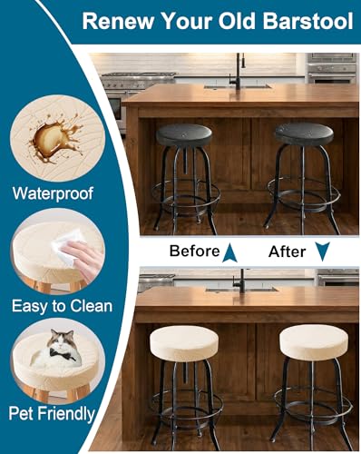 Waterproof Bar Stool Covers - Round Slipcovers for 15-18 In Stools, Beige